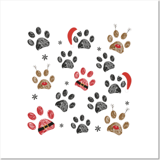 Paw prints with Santa Claus, deer and red hat Posters and Art